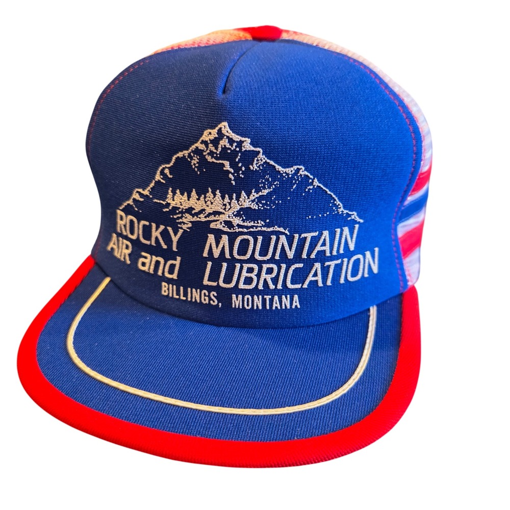 Vintage 80s Rocky Mountain Air and Lubrication Trucker Hat Billings Montana Blue
